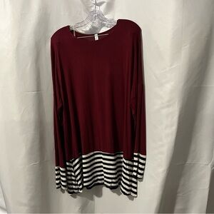 Burgundy Long Sleeve Top with White and Black Striped Hem